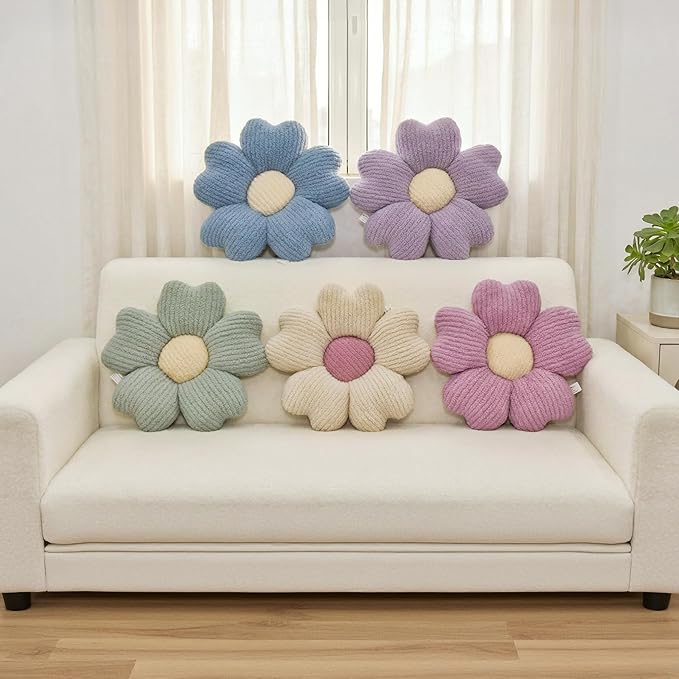 2 Pcs Blue Decorative Throw Pillows, 15'' Cute Daisy Flower Shaped Pillow Floor Seating Cushion for Bed Couch Bedroom Room Dorm Decor (Blue & Ivory)