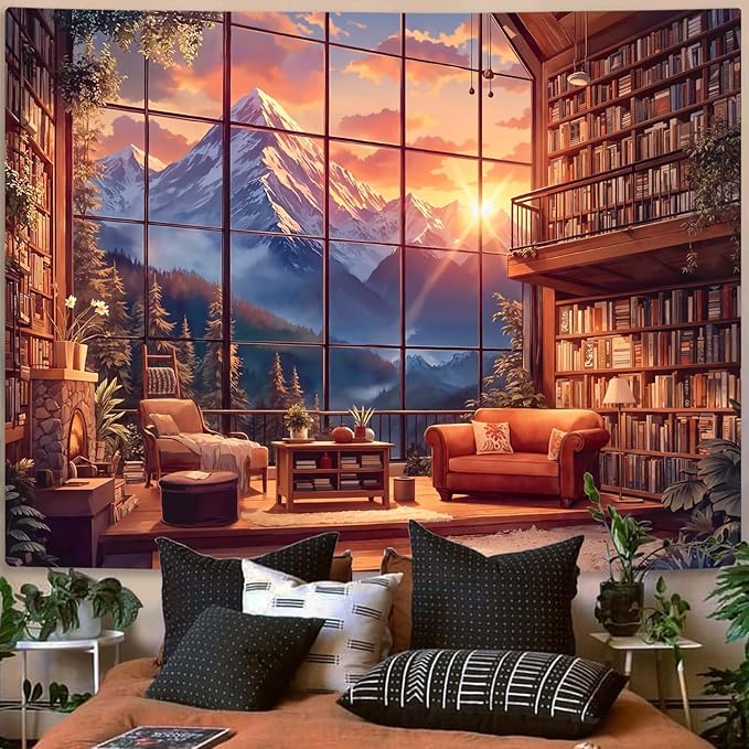 Accnicc Forest Mountain Library Tapestry Fantasy Bookshelf Tapestries Wall Hanging Watercolor Nature Fairy Sunset Library Backdrop Extra Large Tapestry for Bedroom Dorm Room Classroom 90 x 68 inch