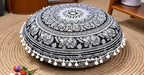 CRAFT KALA 22" Round Mandala Boho Pillow Cover Meditation Room Seating Poufs Cover for Living Room Yoga Room Home Bedroom Balcony Garden Party Decoration Cotton Floor Cushion Cover 22", B & W Elephant