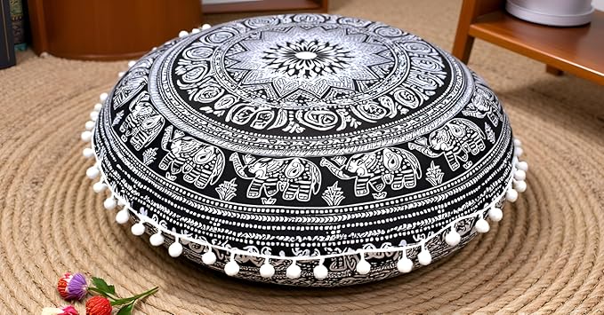 CRAFT KALA Round Mandala Boho Pillow Cover Meditation India Room Seating Poufs Cover for Living Room Yoga Home Décor Bedroom Balcony Garden Decoration Cotton Floor Cushion Cover 32", B & W Elephant