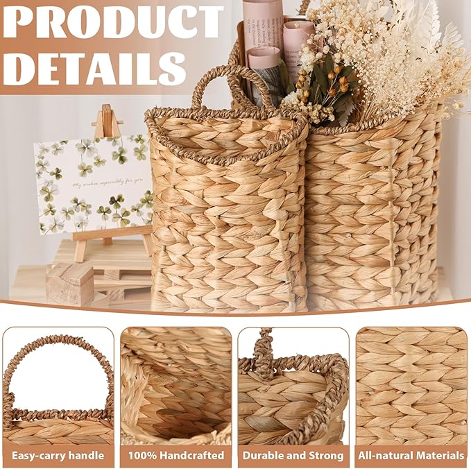 2 Pack Woven Hanging Wall Basket for Front Door 10.2'' + 8.2'' Water Hyacinth Basket for Flowers Handmade Hanging Wicker Baskets Boho Wall Mount Storage Organize for Home Door Shelves Walls