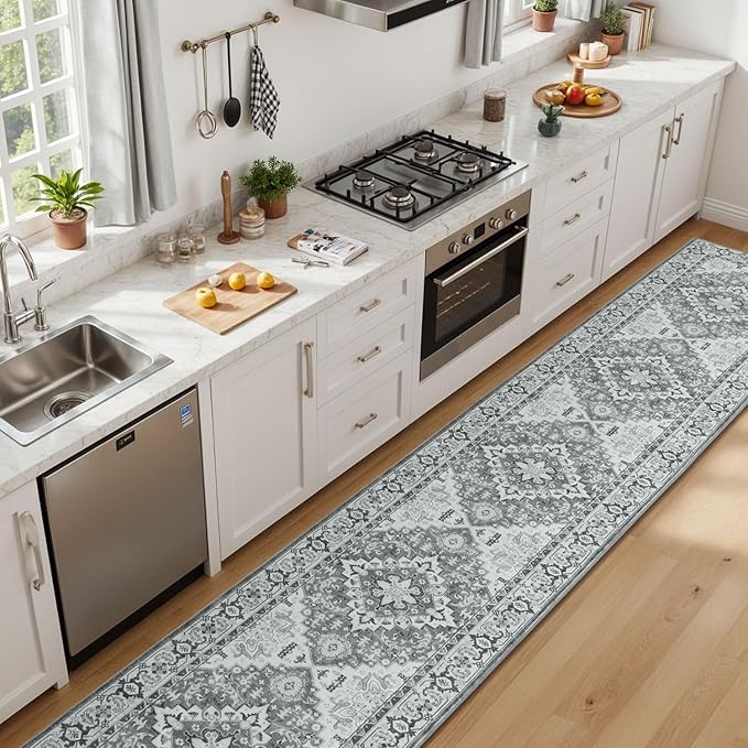 Lessymo 2 x 10 Long Runner Rug for Hallway, Washable Entryway Rugs Boho Faux Wool Low Pile Rug for Kitchen, Floral Medallion Vintage Rugs with Non-Slip Rubber, Grey Beige