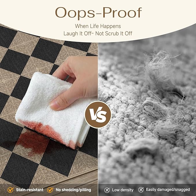 Checkered 4 ft Easy Jute Round Rug, Washable Small Rugs for Entryway Patio, Farmhouse Textured Diamond Non Slip Non Shedding Indoor Outdoor Circle Carpet for Kitchen Porch