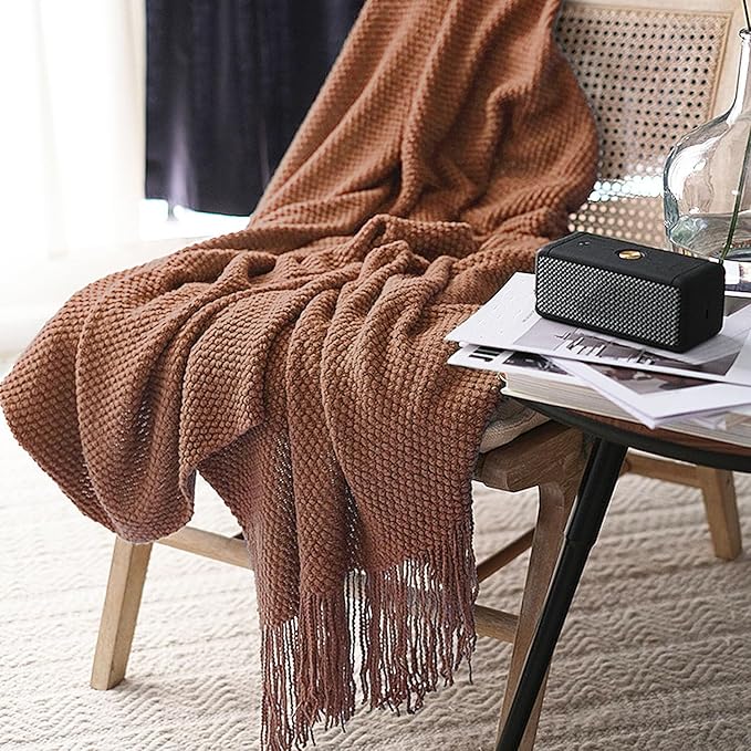 LOMAO Knitted Throw Blanket with Tassels Bubble Textured Lightweight Throws for Couch Cover Home Decor (Caramel, 50x60)