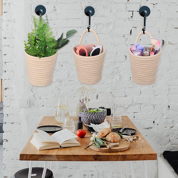 4 Pack Hanging Woven Basket, Small Hanging Basket for Wall, Boho Style Cotton Rope Storage Organizer, Woven Wall Baskets for Home Decor (Beige, 5.5" x 5.5")
