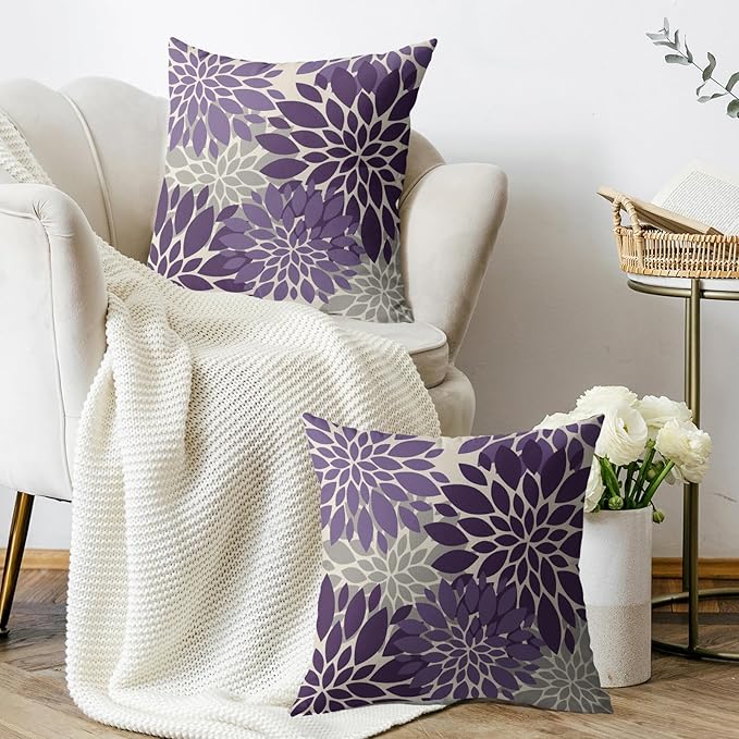 Purple Flower Pillow Covers 18X18 Inch Set of 2, Grey Gray Dahlia Floral Spring Summer Cream Decorative Throw Pillow Covers Outdoor Modern Farmhouse Cushion Case for Home Couch Sofa Bed Decor