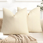 YCOLL Farmhouse Pillow Covers 22x22, Modern Accent Square Throw Pillow Covers Set of 2, Yellow and Beige Striped Patchwork Linen Decorative Pillows Cushion Covers for Couch Chair Bedroom Home Decor