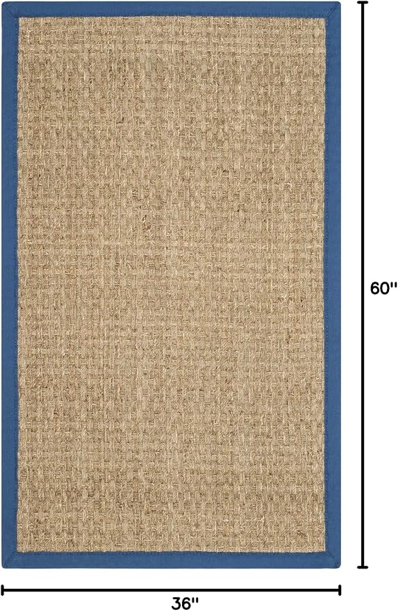 SAFAVIEH Area Rug 3x5 - Natural Fiber Collection - Natural & Navy, Seagrass, Basketweave Pattern with Border (NF114T)