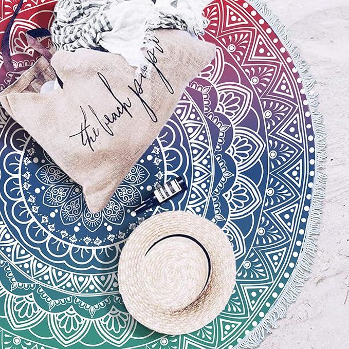 Oversize Round Mandala Beach Towel Blanket, Circle Microfiber Bohemian Boho Quick Dry Super Water Absorbent Towel, Hippy Gypsy Yoga Mat Picnic Table Mediation Throw Tapestry with Tassel Ultra ,59”