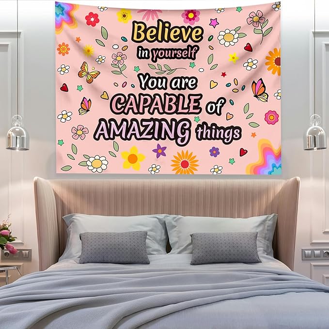 KJHL Pink Floral Motivational Tapestry Wall Hanging 44" x 60" Positive Affirmations Inspirational Kids Tapestries for Classroom Bedroom Dorm