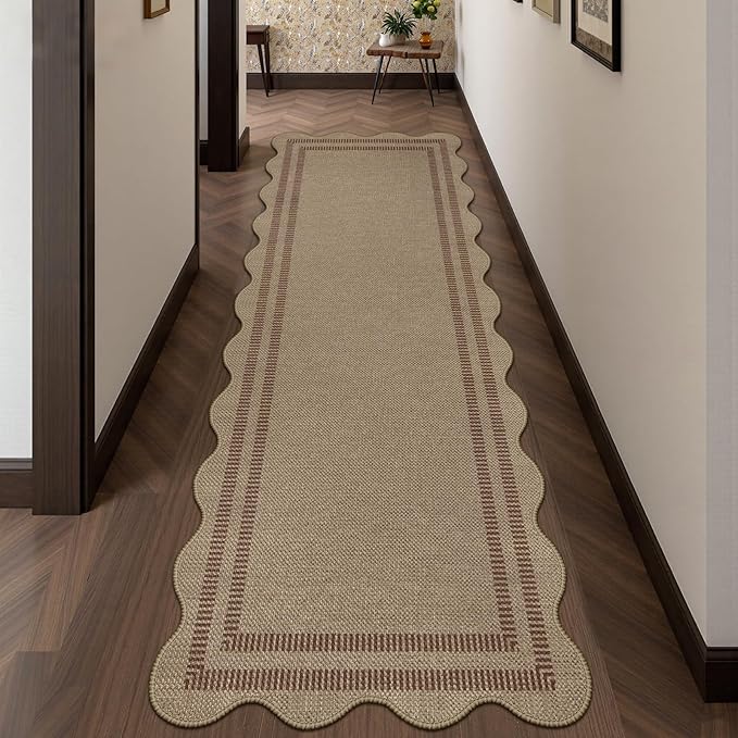 Scalloped Easy Jute Hallway Runner Rug, 2.6x8 Kitchen Non Slip Runner Washable Outdoor Indoor Long Rug, Farmhouse Morden Carpet for Porch Bedroom Laundry