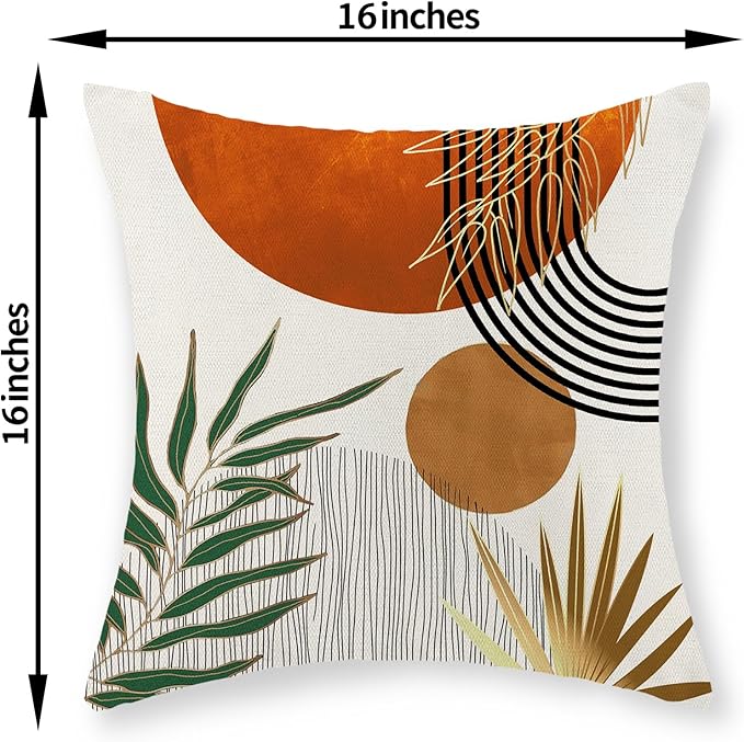 Boho Pillow Covers 16x16 Set of 2 Green Gold Orange Throw Pillows Tropical Leaves Sunset Modern Mid Century Decorative Pillowcase Outdoor Bohemian Linen Cushion Case for Couch Sofa Bed Decor