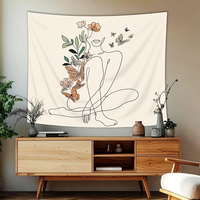 SVBright Abstract Woman Butterfly Fabric Wall Hanging Tapestry 59Wx51H Inch Mid Century Modern Minimalist Flower Plant Beige Terracotta Aesthetic Portrait Home Decor Art for Living Room Bedroom Dorm