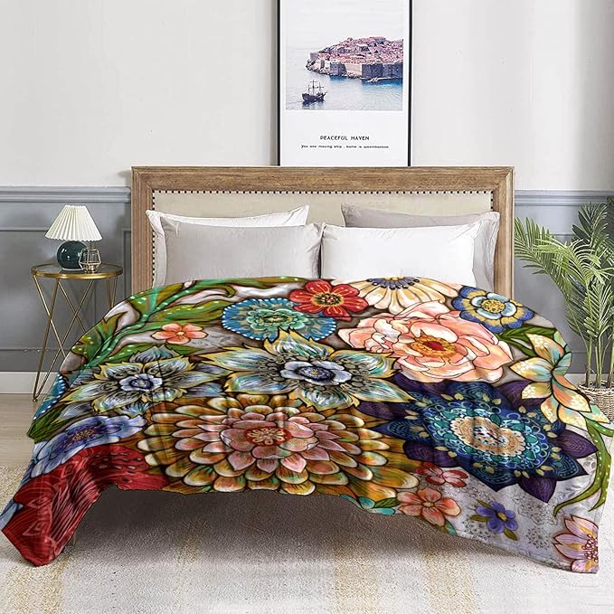 Neasow Floral Fleece Throw Blanket, Vibrant Color Boho Flowers Blossom Cozy Decor Throws for Sofa Bed Couch Chair or Dorm 40×50 inch