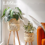 Boho rattan plant stand set of 2/3 – handwoven tall elevated wicker plant baskets for indoor plants, mid-century modern wooden planter holder with tripod legs,no-tool assembly，apartment gardening， farmhouse home decor, ideal gift for houseplant lovers