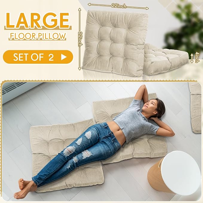 Jerify Floor Pillow Cushions Large Round Square Large Meditation Floor Pillow for Classroom Adult Meditation Picnic Party Seating Learning Daycare School(Square,Beige,2 Pcs)