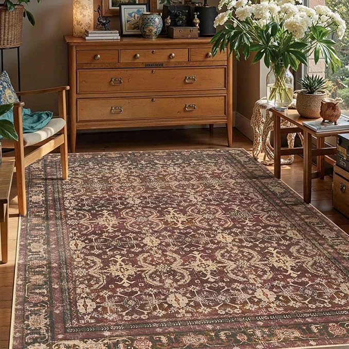 Oriental 5x7 Area Rugs for Living Room Bedroom, Vintage Washable Christmas Rug, Red Boho Area Rug, Non Slip & Low Pile Faux Wool Carpet for Indoor Dining Room and Kids Room(Red 5x7ft)