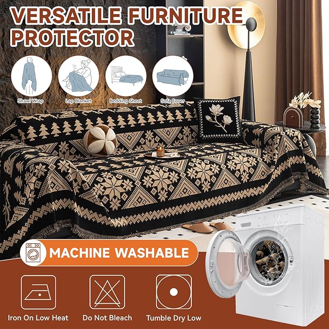 VClife Boho Couch Cover for Sofa, Anti Slip Chenille Sofa Cover for Sectional Sofa - 1 Piece Black Khaki Geometry Jacquard Sofa Slipcover, Pet-Friendly Couch Cushion Cover with Tassel 71"x 134"