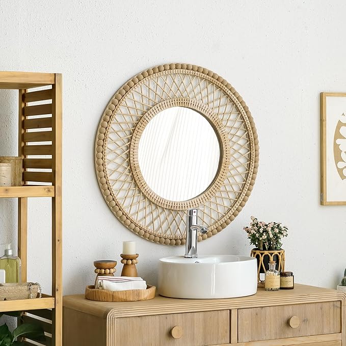 Round Beaded Rattan Wall Mirror – 28x28 Inch Boho Elegance with Woven Frame and Wooden Bead Trim, Decorative Mirror for Bathroom Vanity Entryway Living Room