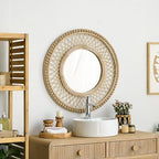 Round Beaded Rattan Wall Mirror – 28x28 Inch Boho Elegance with Woven Frame and Wooden Bead Trim, Decorative Mirror for Bathroom Vanity Entryway Living Room