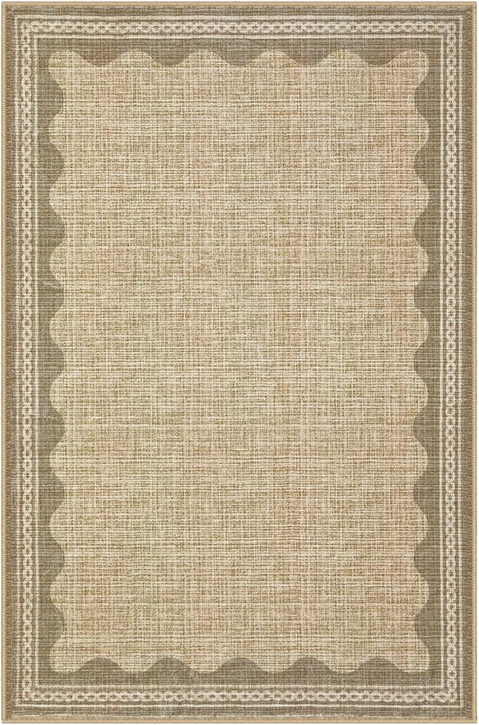 Scalloped Tan Washable Rugs 10x13 Rug for Living Room Non-Slip Solid Jute Modern Minimalism 10 x 13 Rug Low-Pile Carpet for Bedroom Dining Nursery Mat with Rubber Back