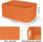 3-Pack Storage Baskets for Organizing | Woven Shelf Toy Basket | Rope Baskets for Gifts Empty | Closet Organizer Bins with Handles | Cube Decorative Box | 13.7×7.1×6.7” | Orange