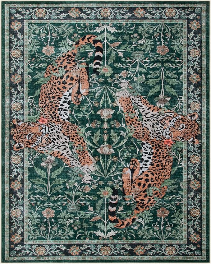 Moynesa Leopard Washable Rugs, 8x10 Area Rugs for Living Room, Soft Large Jaguar 8x10 Bedroom Rug, Non Slip Ultra Thin Floor Carpet for Dining Room Home Office, Green