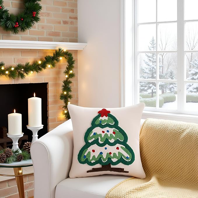 Tosleo Christmas Tufted Pillow Covers 18 x 18 inch Set of 2 Green Xmas Tree with Red Star Throw Pillow Cover Party Decor Winter Holiday Embroidery Cushion Case for Sofa Couch Bed Living Room