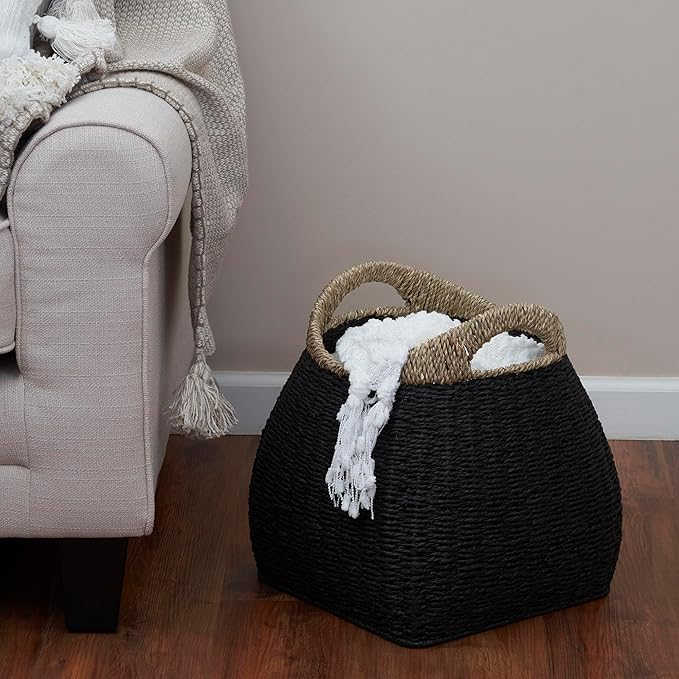 Household Essentials Handled Basket, Two Tone Seagrass and Paper Rope
