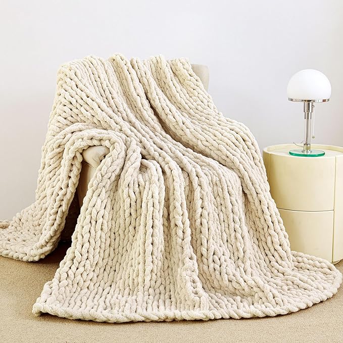 Admitrack Chunky Knit Blanket Throw, 100% Hand Knit Chenille Throw Blanket for Sofa & Home Decor, Soft and Cozy Knitted Throw Blankets (Ivory, 60"x80")