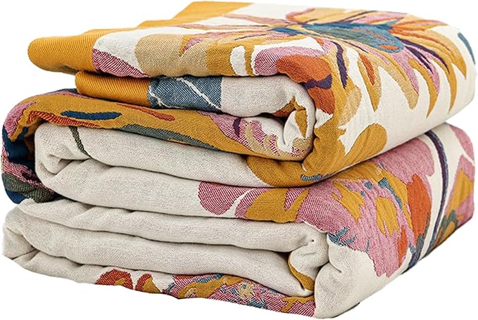 Boho Throw Blanket for Bed 90”x108”, 100% Cotton Woven Blanket for Couch Sofa, Ultra Soft 4-Layer Muslin Quilt with Vintage Floral Printed, Farmhouse Bed Blanket/Cover for Living Room Decor