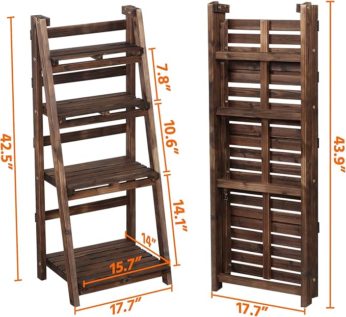 Yaheetech Wooden Foldable Ladder Shelf 4-Tier Magazine Holder Book Rack Plant Stand Folding Flower Display Pot Decorative Storage Free Standing Indoors/Outdoors Rustic No Assembly Required Brown