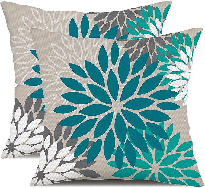 DFXSZ Dark Blue Green Outdoor Pillow Covers 16X16 Inch Set of 2 Spring Teal Flower Pillow Case Outdoor Waterproof Decor for Patio Funiture Garden Polyester pillowcovers 002D16