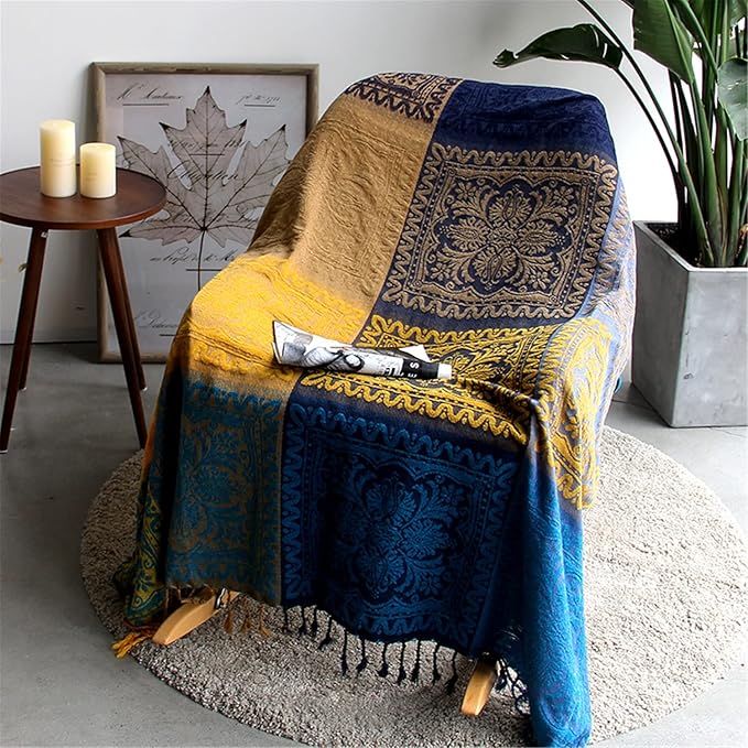 Bohemian Throw Blanket for Couch，Colorful Chenille Tassels Boho Woven Hippie Bed Blankets for Couch Sofa Chair Recliner Loveseat, Bohemian Fringe Tassels Decor Home (60" x 76")