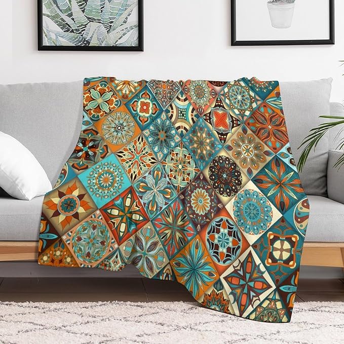 Boho Floral Throw Blanket Mandala Colorful Bohemian Flowers Art Pattern Blanket for Sofa Bed Couch Chair Or Dorm 40"x50"