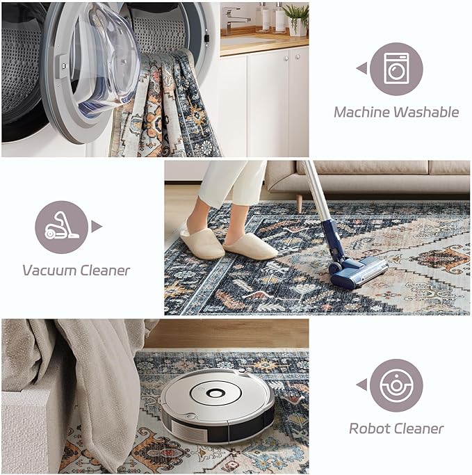 8x10 Area Rugs for Living Room, Washable Rugs with Non-Slip Backing, Super Soft Thin Large Rug for Nursery Room, Dining Room, Office, Vintage Neutral Area Rug (Navy/Pink, 8'x10')