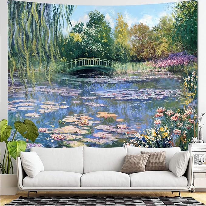 Accnicc Monet Water Lilies Tapestry Green Floral Plant Tapestries Aesthetic Monet Wall Art Posters Nature Flower Garden Landscape Small Tapestrys for Bedroom Living Room Dorm 48 x 36 Inch