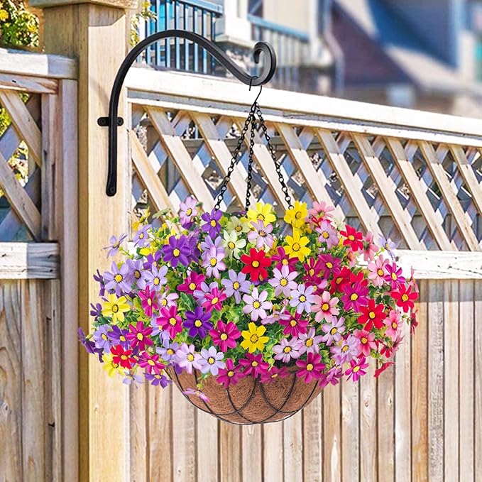 Artificial Flowers with Hanging Planter for Outdoor, Faux Silk Daisy UV Resistant Plants in Basket for Indoor Porch Garden Yard Spring Summer Decor(Rose Yellow)