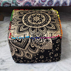 CRAFT KALA Mandala Meditation Floor Pillows Cover Square Pillow Seating Hippie Decorative Adults Bohemian Cushion Cover Outdoor Living Room Throw Ottoman Poufs Cover 18X18X14 inches, Black Gold Flower