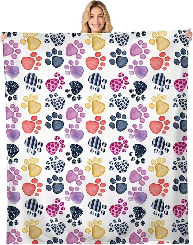Throw Blanket for Couch, 300GSM Warm Soft Cozy Flannel Blanket, Cute Blanket for All Seasons Bedroom Home Decor Gifts, Colorful Dog Paws 50x60 Inches