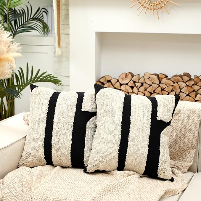 Oudain 2 Pcs Black and White Tufted Pillow Covers Boho Chunky Geometric Decorative Throw Pillow Case 18 x 18 Inches Abstract Pillowcases for Bed Couch(Black and White, Elegant Style)