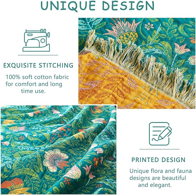 Boho Throw Blanket - 100% Cotton Soft Throw Blanket for Bed, 60"x80" Reversible Breathable Lightweight Spring Blankets, All Seasons Farmhouse Decor Floral Throw Quilt