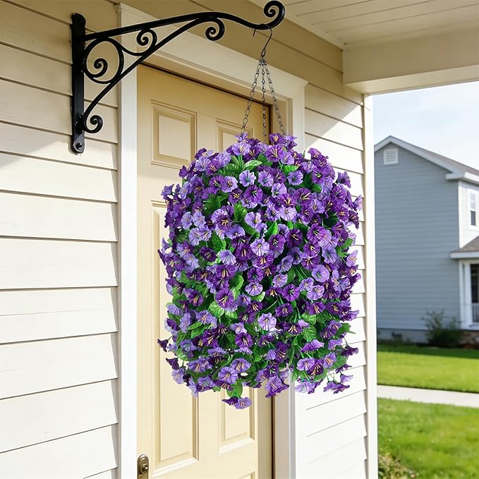 Artificial Flowers with Hanging Basket, Outdoor Faux Plants Silk Morning Glory Vines, Fake Green Arrangement for Garden Patio Spring Summer Decor(Purple)