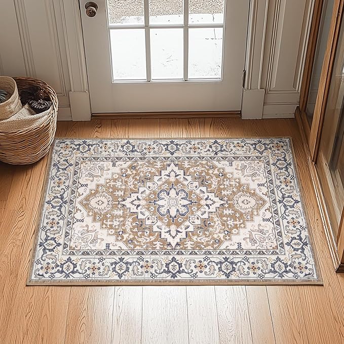 Lessymo 2 x 3 Entryway Rug- Machine Washable Area Rugs Boho Faux Wool Low Pile Area Rug for Bedroom, Floral Medallion Vintage Outdoor Rugs with Non-Slip Rubber,Brown Beige