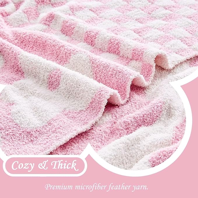 Checkered Throw Blanket, Pink Super Soft Knit Breathable Throw Blanket, Cozy Fluffy Reversible Checkerboard Flower Fuzzy Blanket for Couch Sofa Bed Living Room Decor 50 x 60 inch