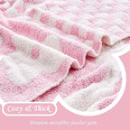 Checkered Throw Blanket, Pink Super Soft Knit Breathable Throw Blanket, Cozy Fluffy Reversible Checkerboard Flower Fuzzy Blanket for Couch Sofa Bed Living Room Decor 60 x 80 Inch
