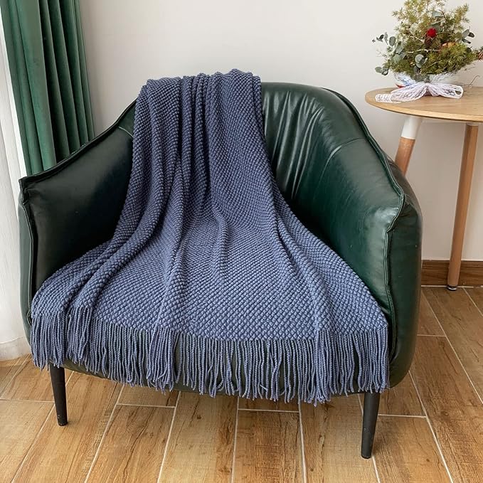 LOMAO Knitted Throw Blanket with Tassels Bubble Textured Lightweight Throws for Couch Cover Home Decor (Navy, 60x80)