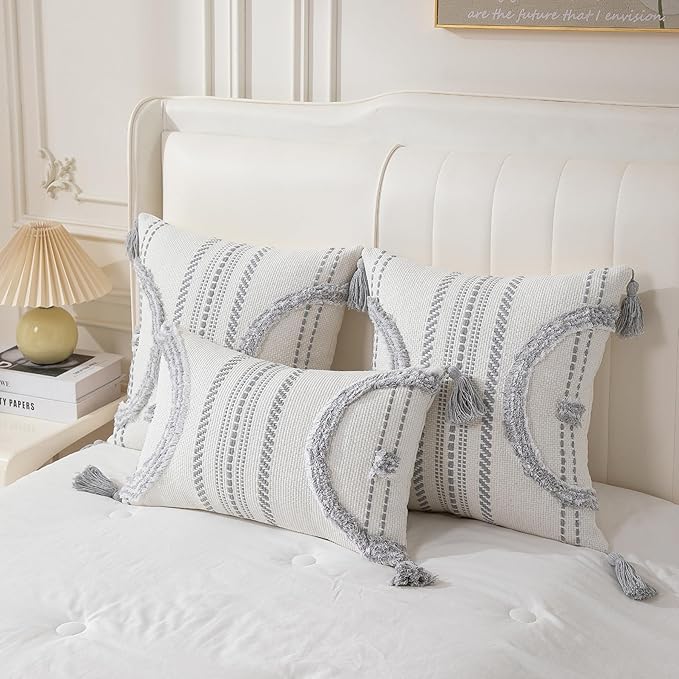 Boho Throw Pillow Covers 12x20 Set of 4 Cotton Woven Tufted Farmhouse Lumbar Pillows Covers with Tassels Outdoor Neutral Decorative Pillowcases Rectangle Textured Accent Cushion for Couch Bed Sofa