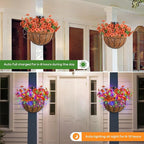 GOESWELL Outdoor Fall Basket with Artificial Flowers: 10 Inch Solar Hanging Faux Silk Flower Basket with String Lights for Porch Patio Wall Tree Decor - Autumn Home Garden Decor for Outdoor