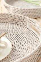 HITOMEN 14.2" Hand-Woven Round Rattan Serving Tray Decorative Ottoman Wicker Platter with Handles for Coffee Table, Breakfast, Drinks, Snack, Bread, Fruit, Vegetables (Whitewash-L)
